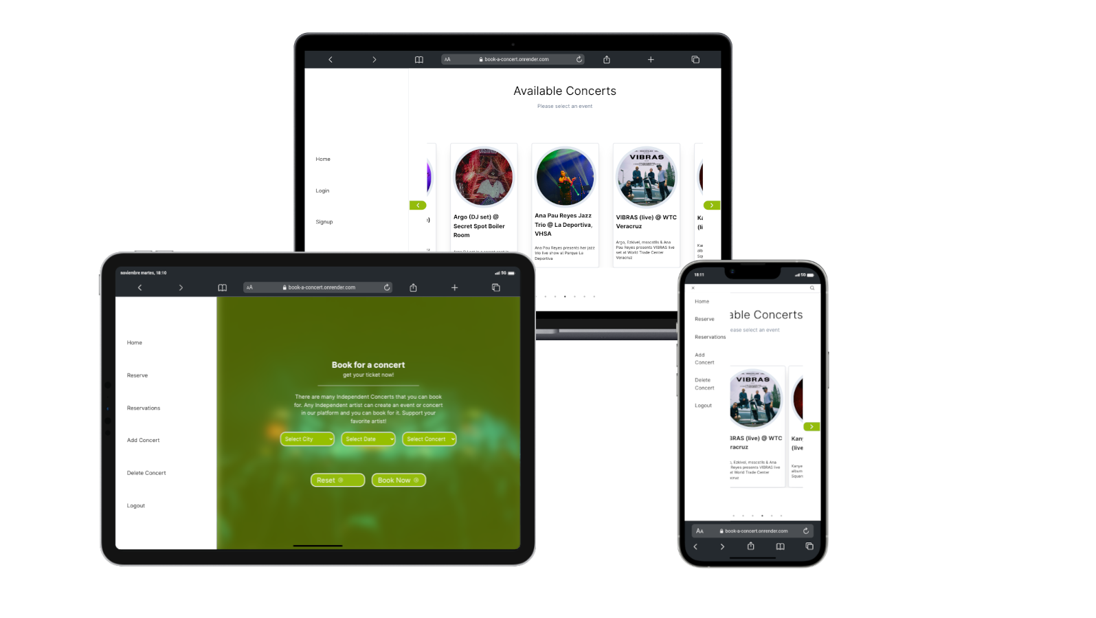 Screenshot of Book a Concert